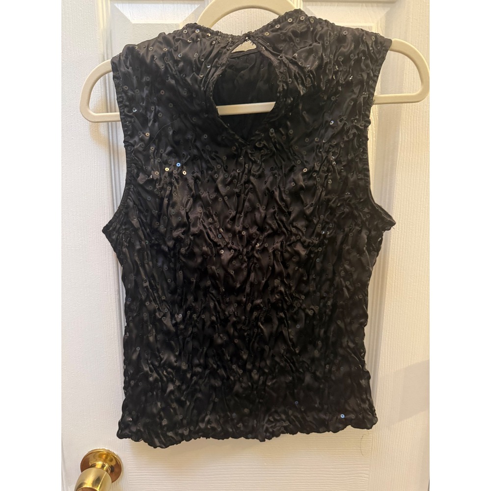 JS Boutique Black Crinkle Sequin Shell Top Sleeveless Party Evening Small Party